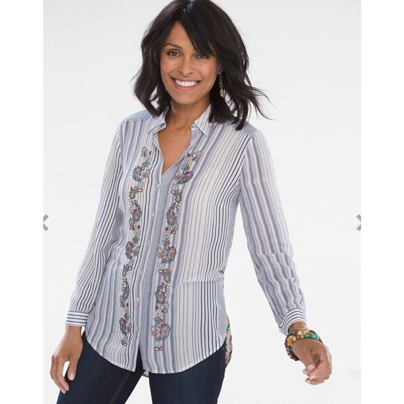 Chico's chicos size 2 Striped Medallion Tunic 12 14 Mixed Embroidered Large - Picture 1 of 16